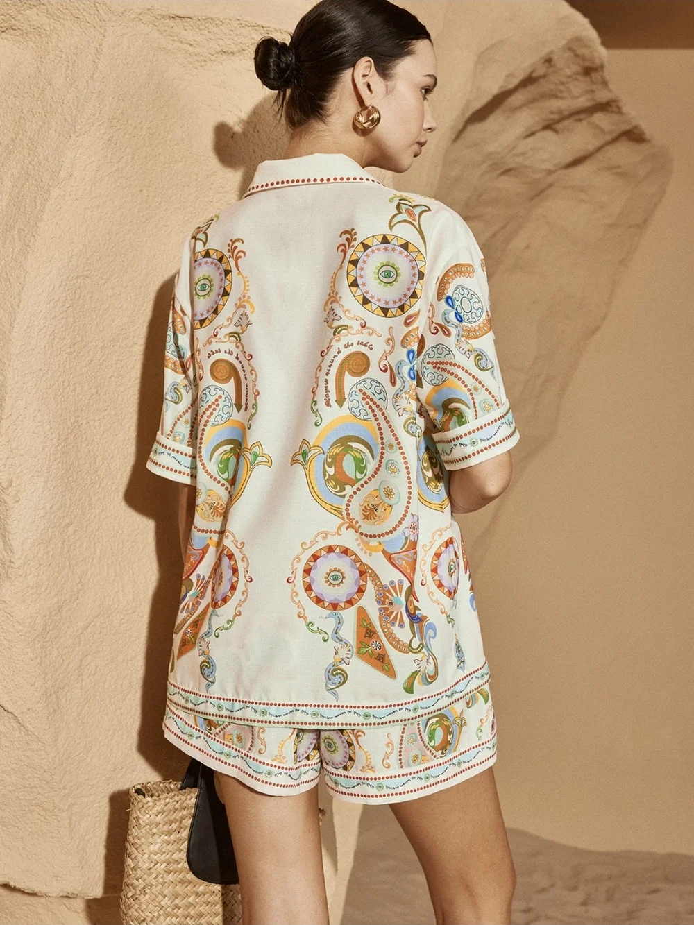 Commense Cream Paisley High-Waist Drawstring Shorts Set